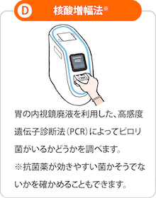 D「核酸増幅法」:胃の内視鏡廃液を利用した、高感度遺伝子診断法（PCR）によってピロリ菌がいるかどうかを調べます。